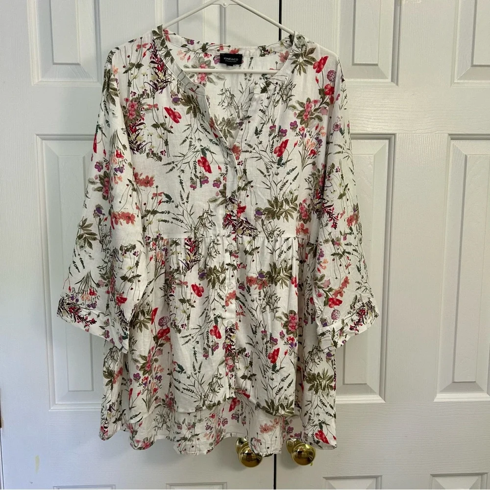 Jones NY Linen Floral High/Low Hem Roll Tab Sleeve Spring Women's Top 1X - Picture 1 of 14